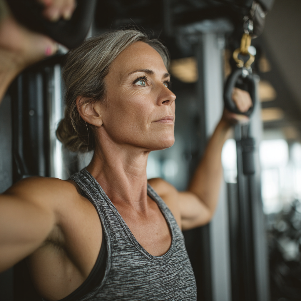 Жена на 52 години извършва силови упражнения с фитнес оборудване в професионална зала