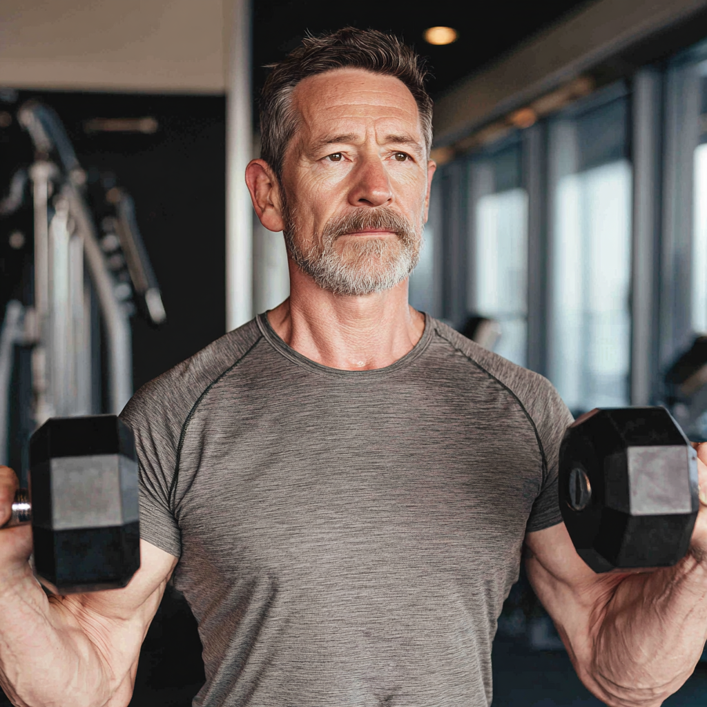 Мъж на 55 години се тренира с тежести в модерна фитнес зала, показвайки сила и решителност