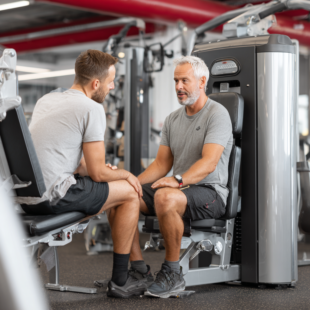 Треньор на 58 години обяснява упражнение на клиент в модерна фитнес зала с професионално оборудване